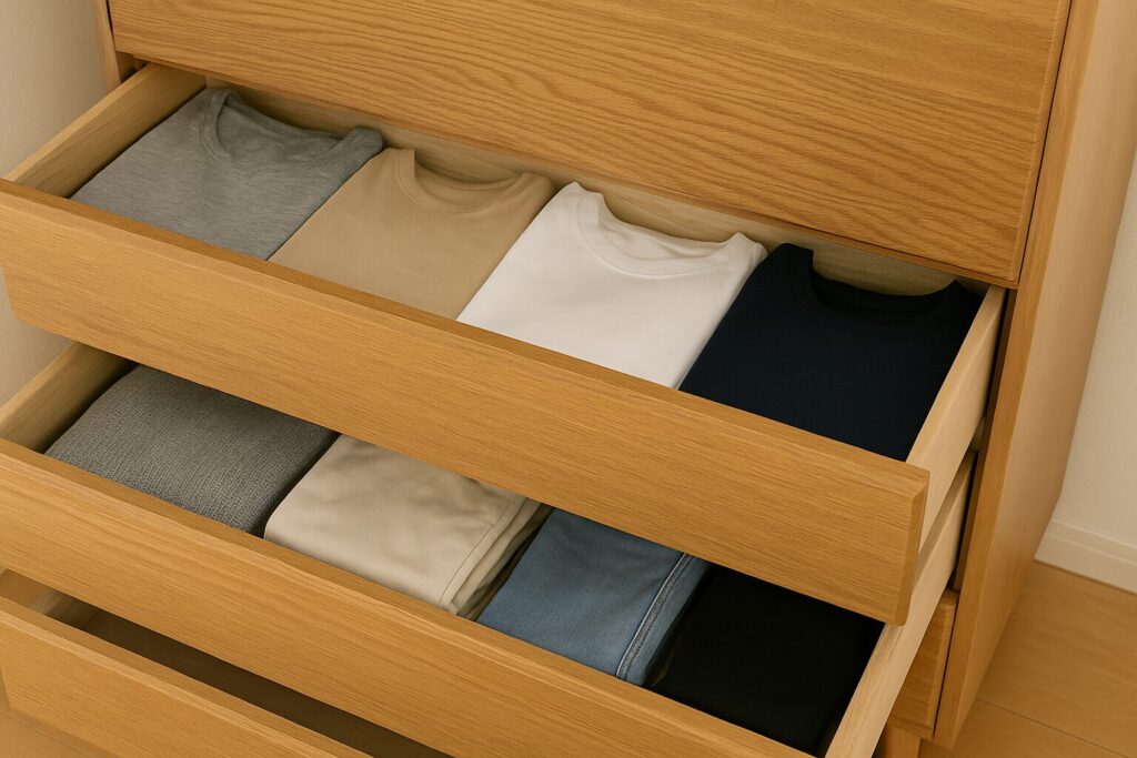 木製タンスの引き出しに、Tシャツやパンツなどの衣類が丁寧に収納されている様子。ナチュラルな室内の雰囲気で、整然とした印象。
