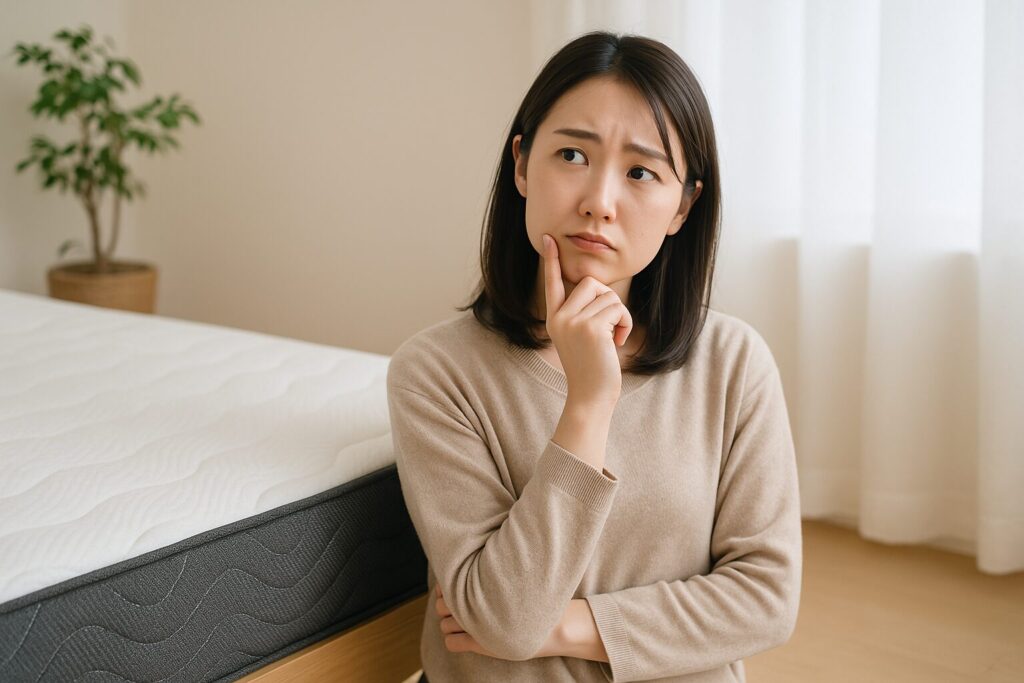 マットレスの横で悩んだ表情を見せる女性。顎に手をあてて考え込んでおり、背景には観葉植物とカーテンがあるシンプルな室内。