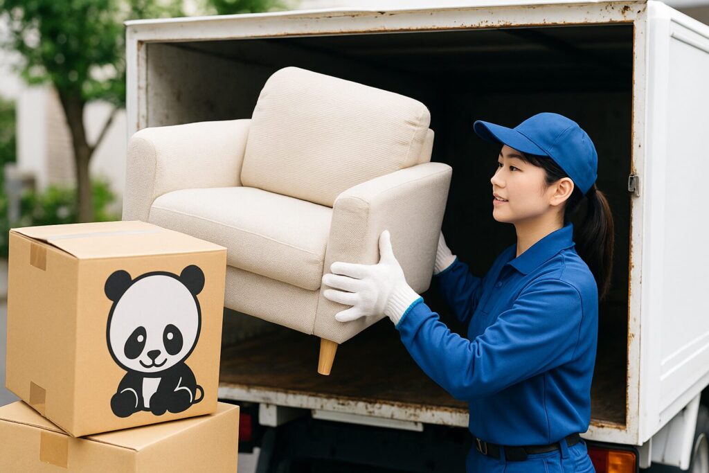 パンダマークの箱と粗大ごみの椅子を回収する女性作業員