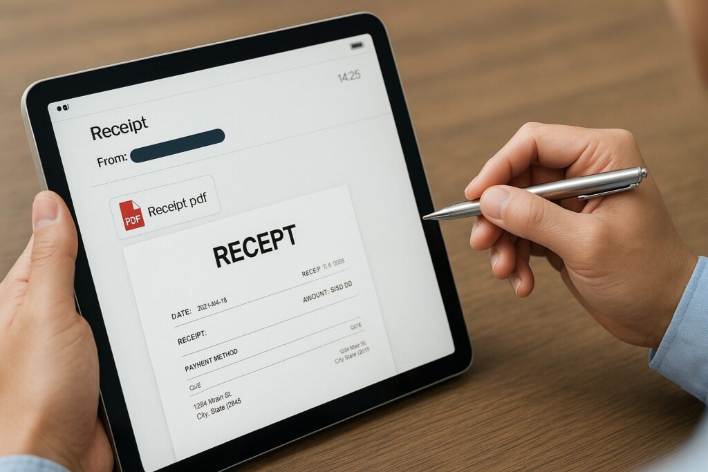 タブレットに表示されたPDF領収書を確認する様子。手元にはペンを持ち、木目調のテーブル上でメールアプリに「Receipt(領収書)」と表示された画面が映し出されています
