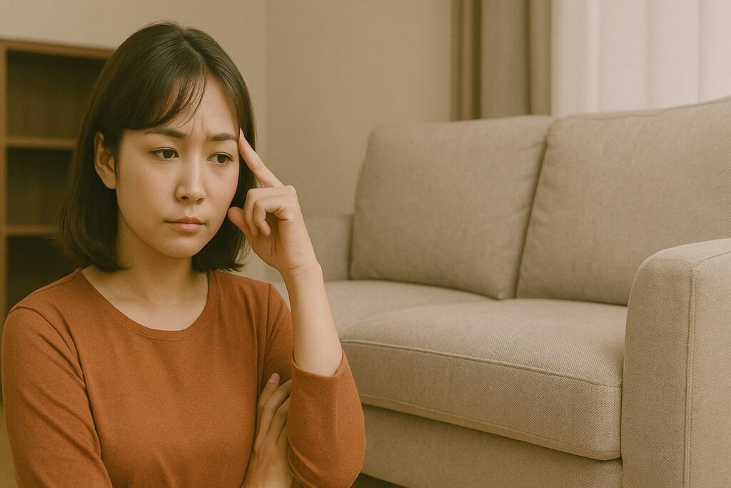 大きなソファを前に悩んでいる日本人女性