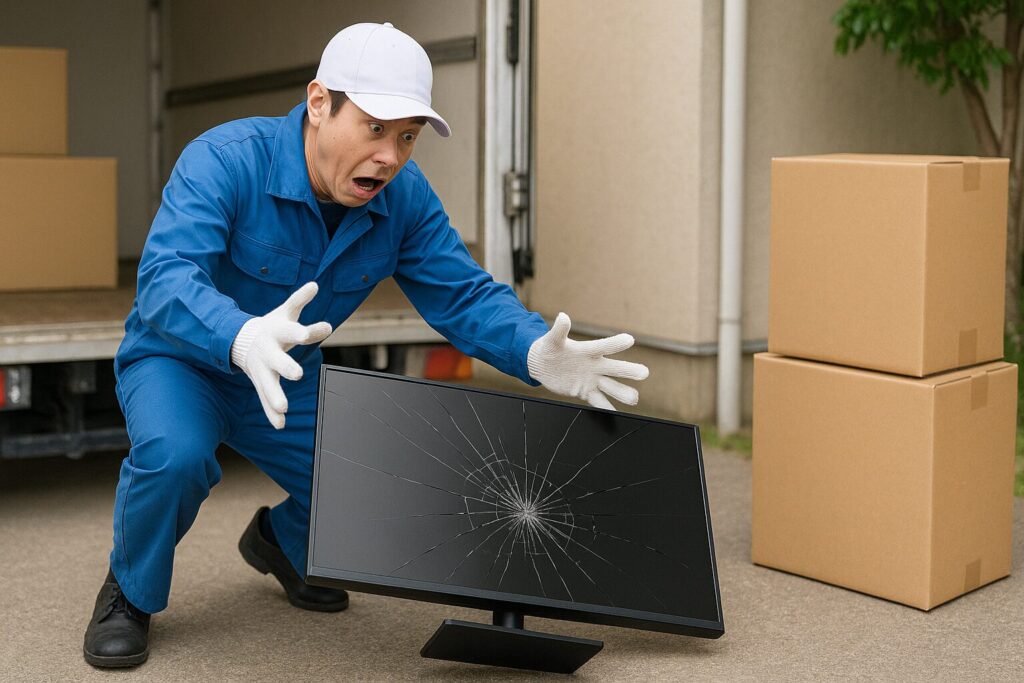 作業員が有機ELテレビを落として壊れた瞬間をとらえた様子