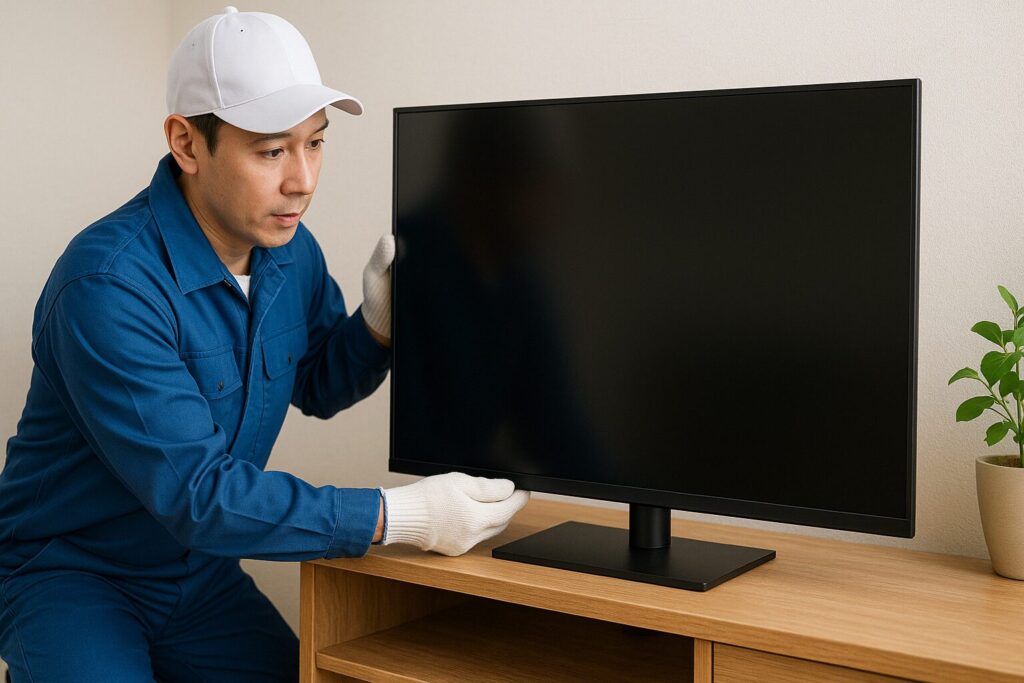 作業員が有機ELテレビを丁寧に設置している室内の様子