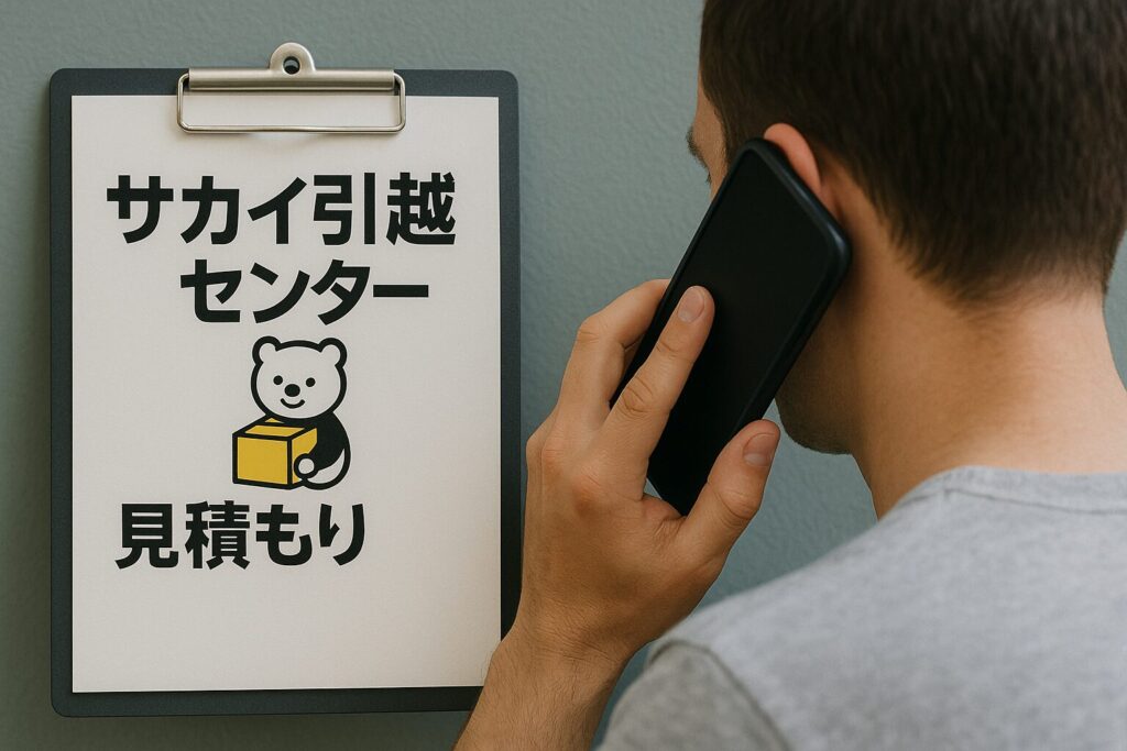 サカイ引越センターに見積もりの電話をしている男性の後ろ姿とクリップボードのリアルな写真