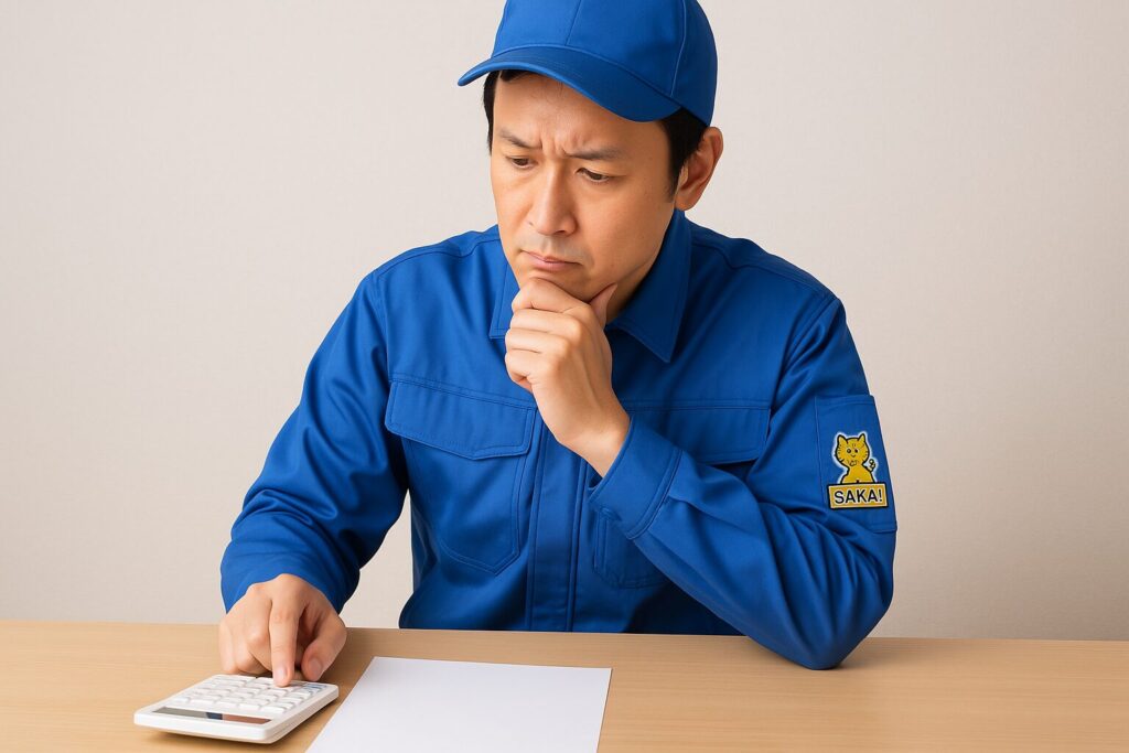 サカイの制服を着た男性スタッフが、電卓を使って費用の計算をしている様子。顎に手を当てて真剣な表情で紙を見つめている。