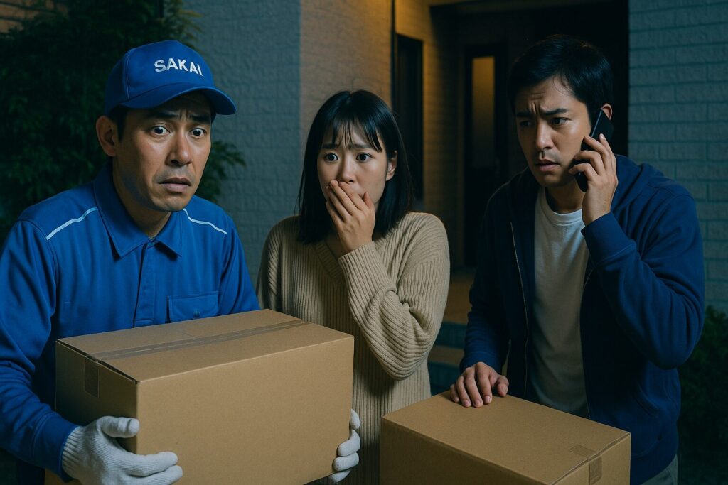 夜間の引っ越しでトラブルが発生し、不安げな表情を浮かべる日本人スタッフと依頼主の夫婦